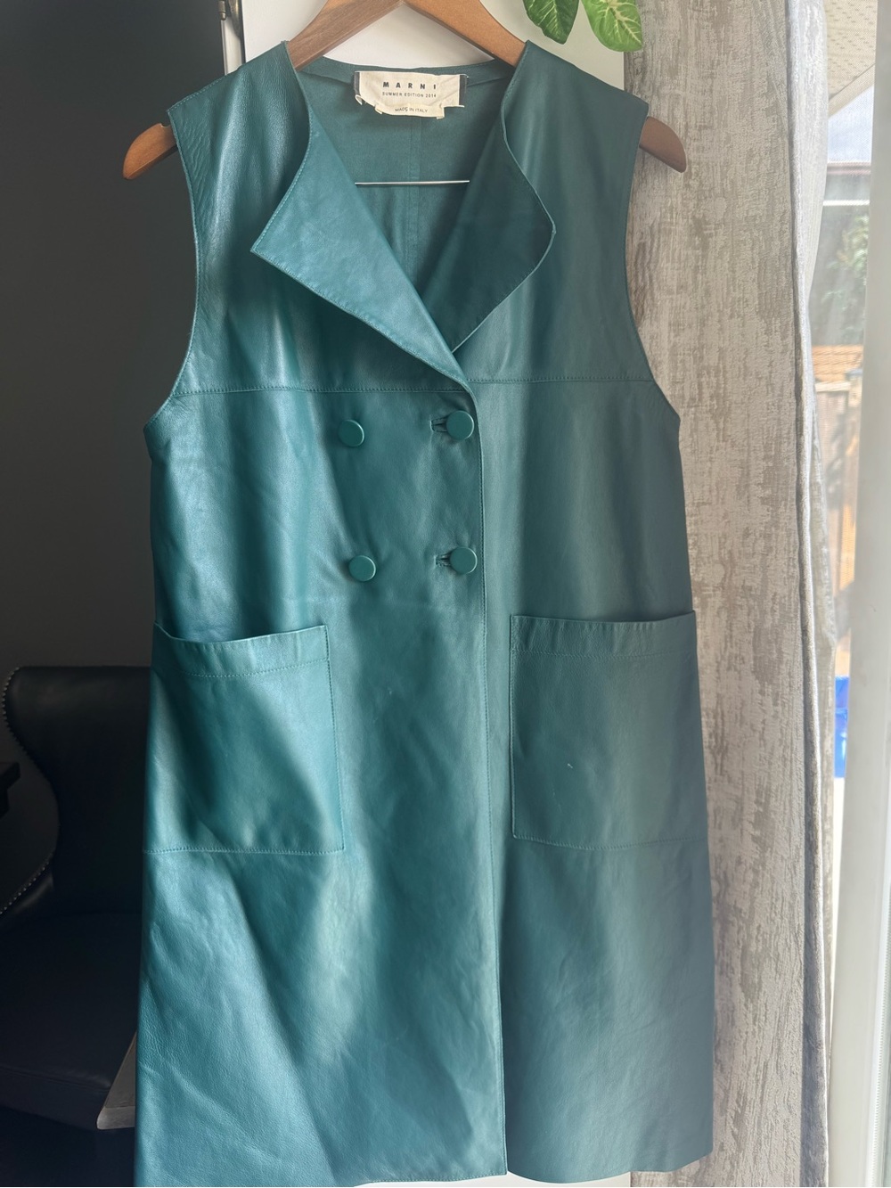 Marni Teal Leather Double-Breasted Sleeveless Vest Dress